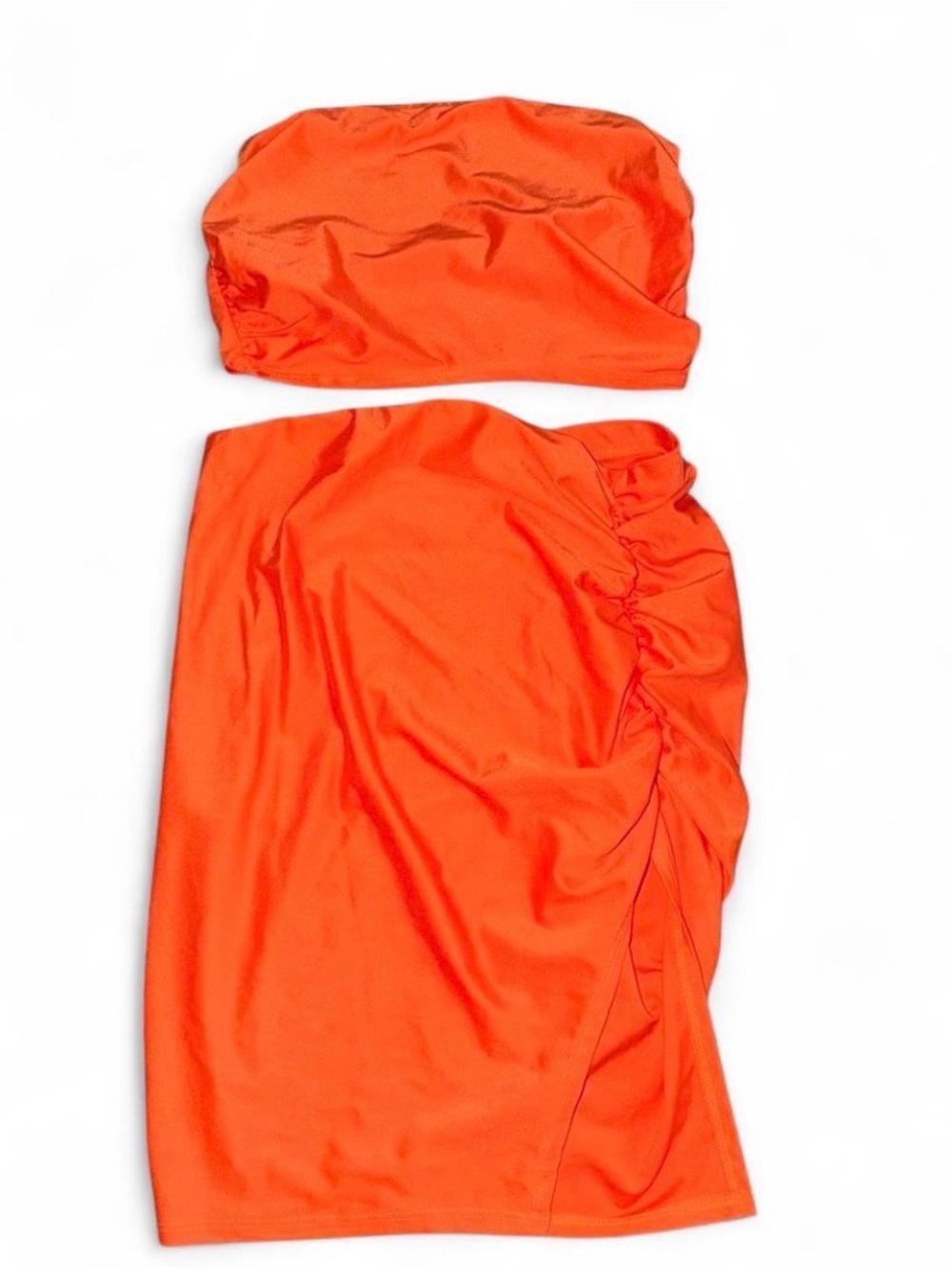 Neon Orange Two Piece Bandeau Crop Top & Midi Skirt Set